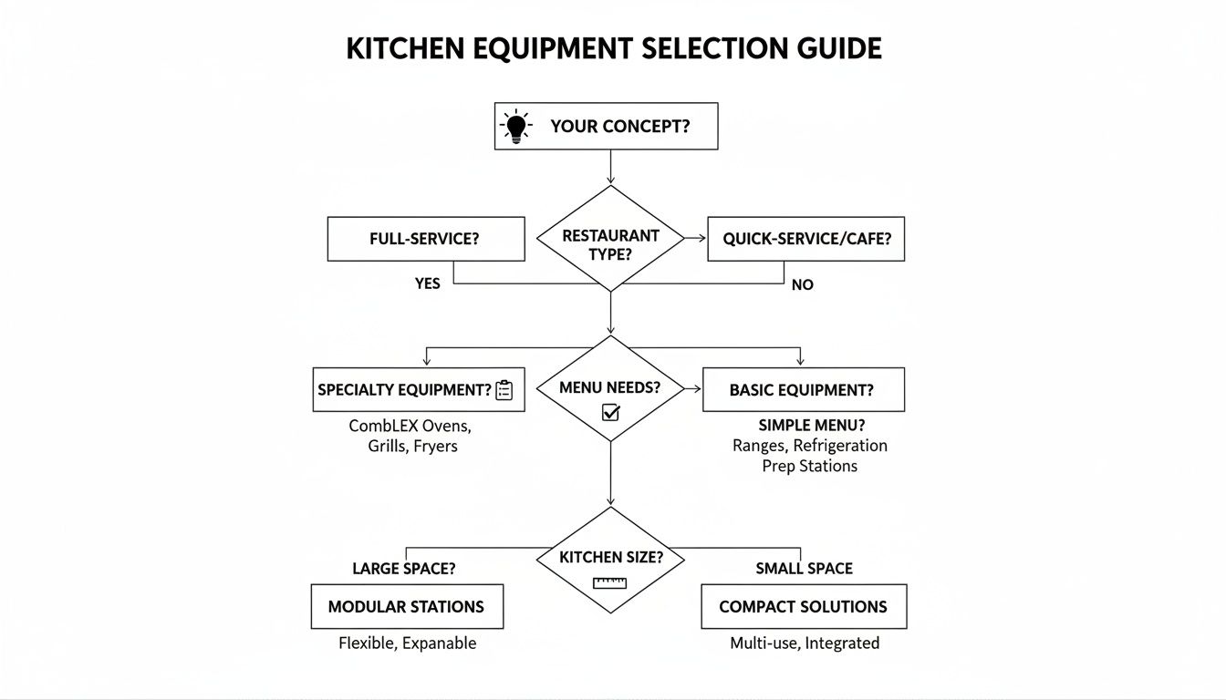 Flowchart guiding selection of commercial kitchen equipment based on restaurant type, menu, and kitchen size.
