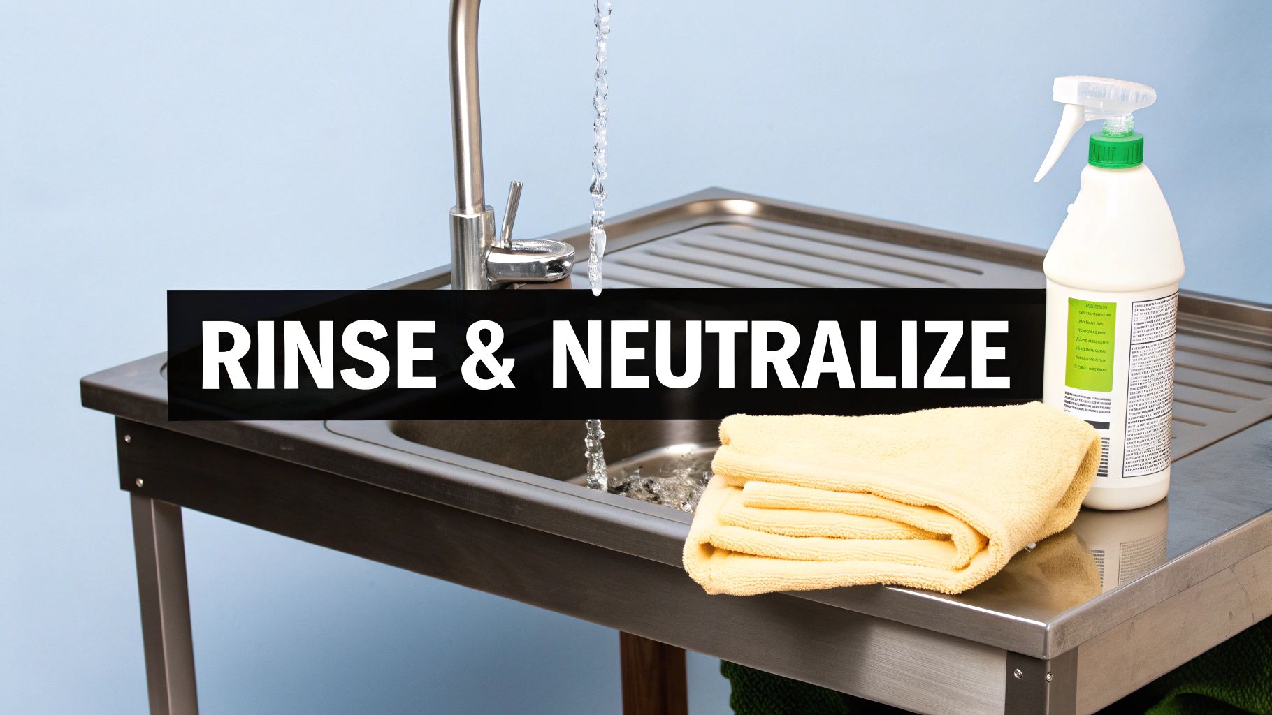 A person wearing protective gloves thoroughly rinsing a stainless steel surface with a sprayer.