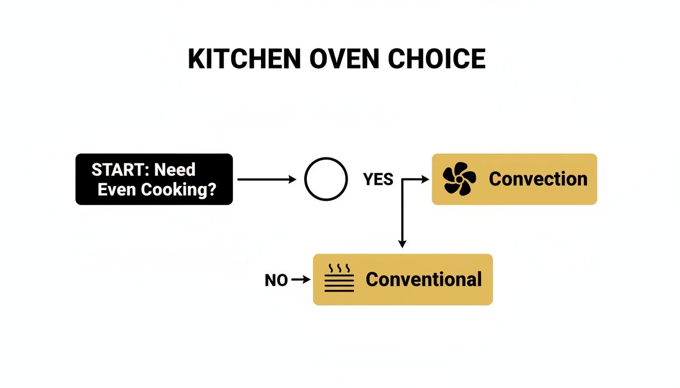 A flowchart diagram explaining the choice between convection and conventional ovens based on the need for even cooking.