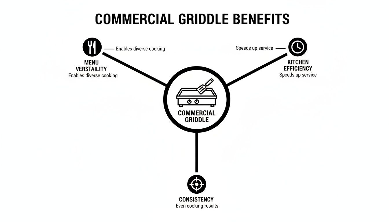 Diagram illustrating commercial griddle benefits: menu versatility, kitchen efficiency, and consistency.