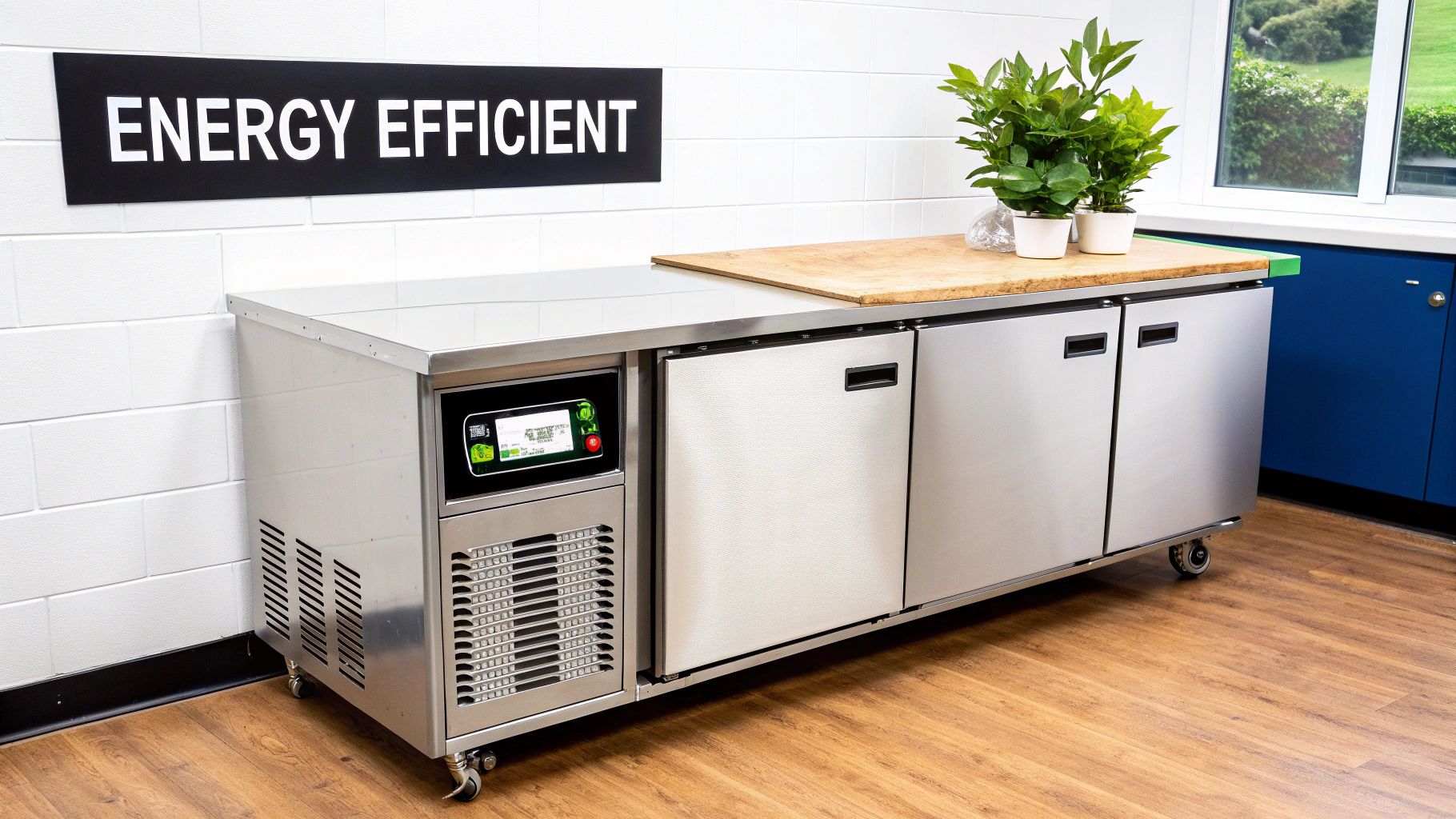 Stainless steel energy-efficient restaurant prep table with refrigerated storage, control panel, and wooden top.