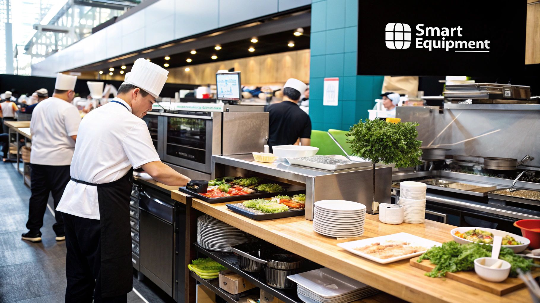 A chef works with commercial-grade stainless steel kitchen equipment.