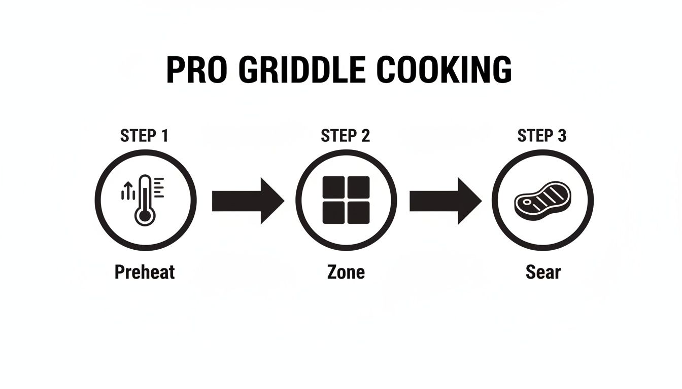 Three-step diagram for pro griddle cooking showing preheat, zone, and sear steps with icons.