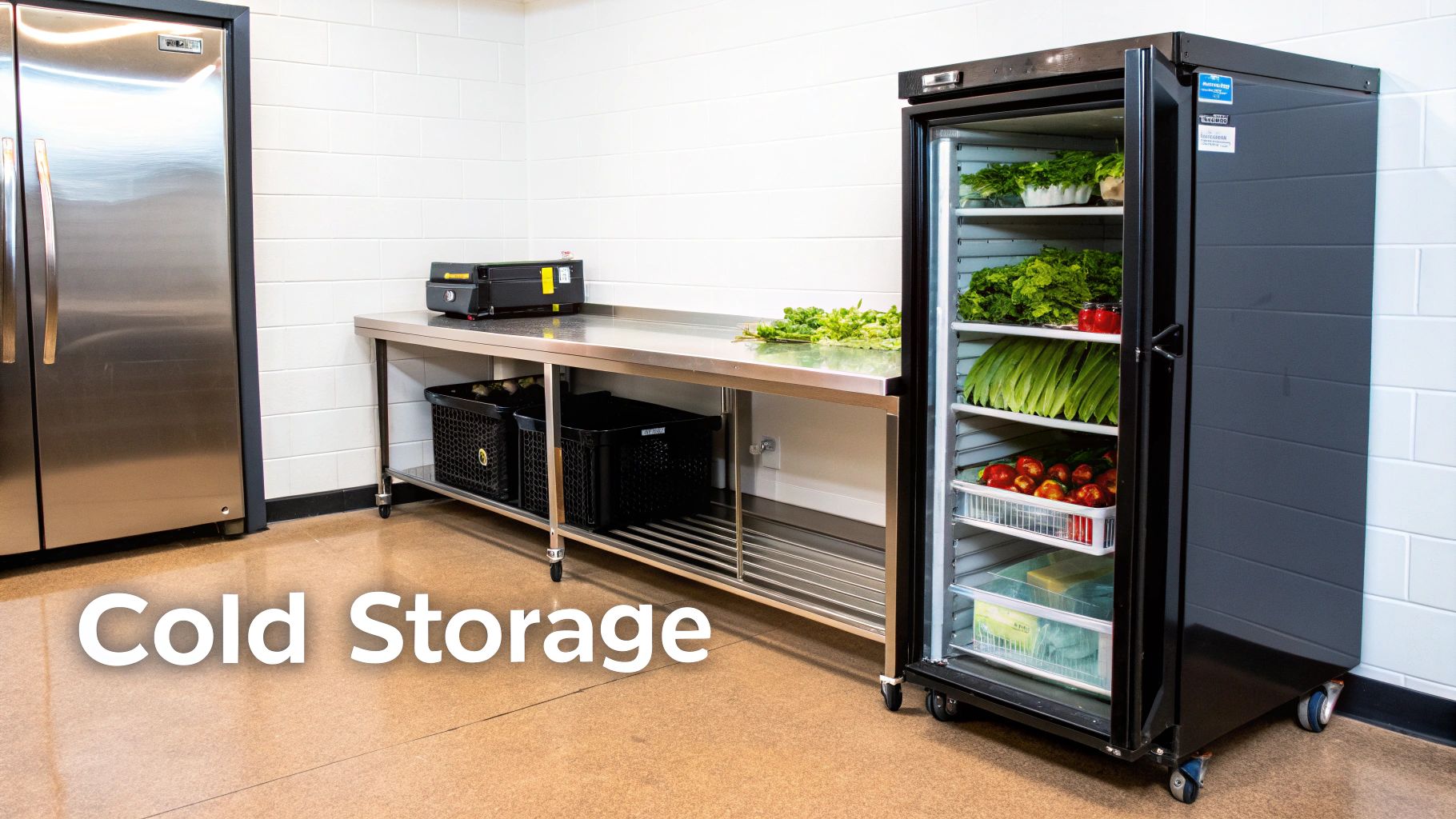 Stainless steel refrigerators and a prep table with fresh produce in a clean commercial kitchen.