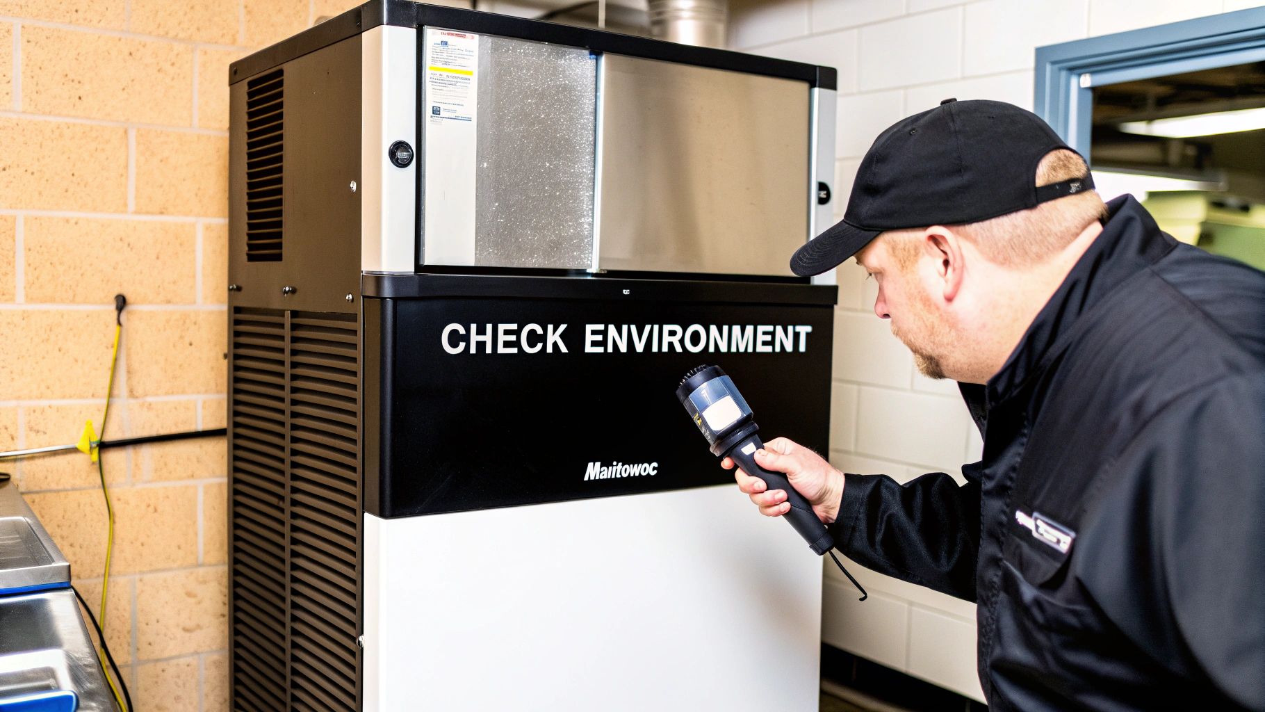 A man in a black uniform inspects a Manitowoc ice machine, displaying 'CHECK ENVIRONMENT'.
