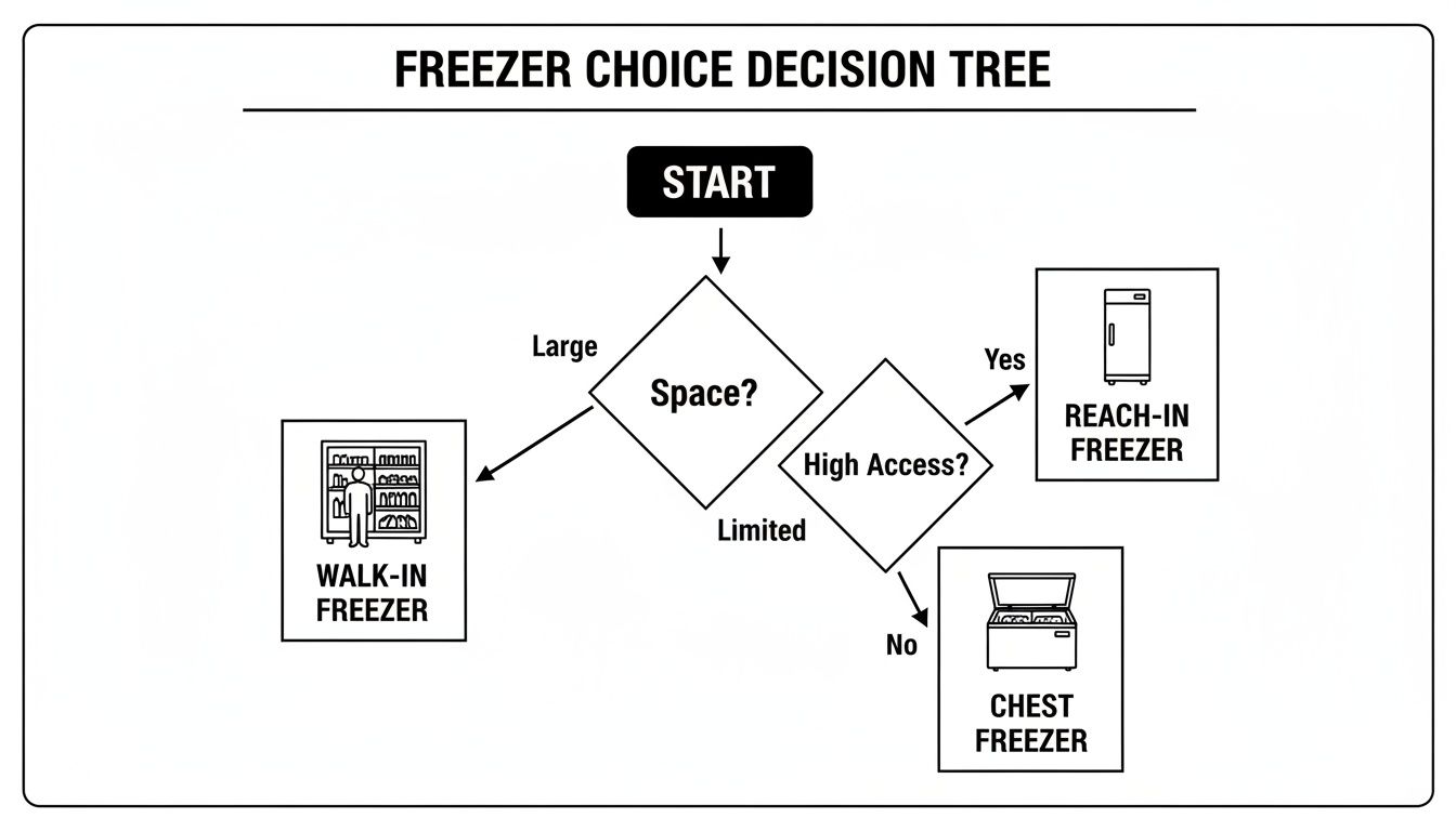 Flowchart demonstrating freezer selection based on available space and required access decisions.