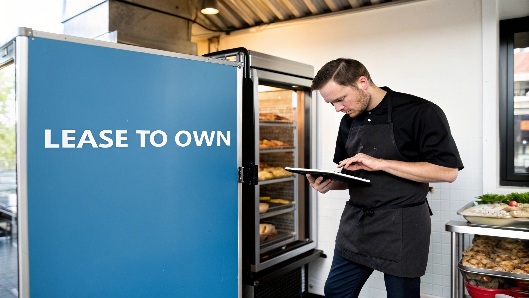 A chef in an apron checking a tablet next to a commercial food warmer with 'LEASE TO OWN' on its door.