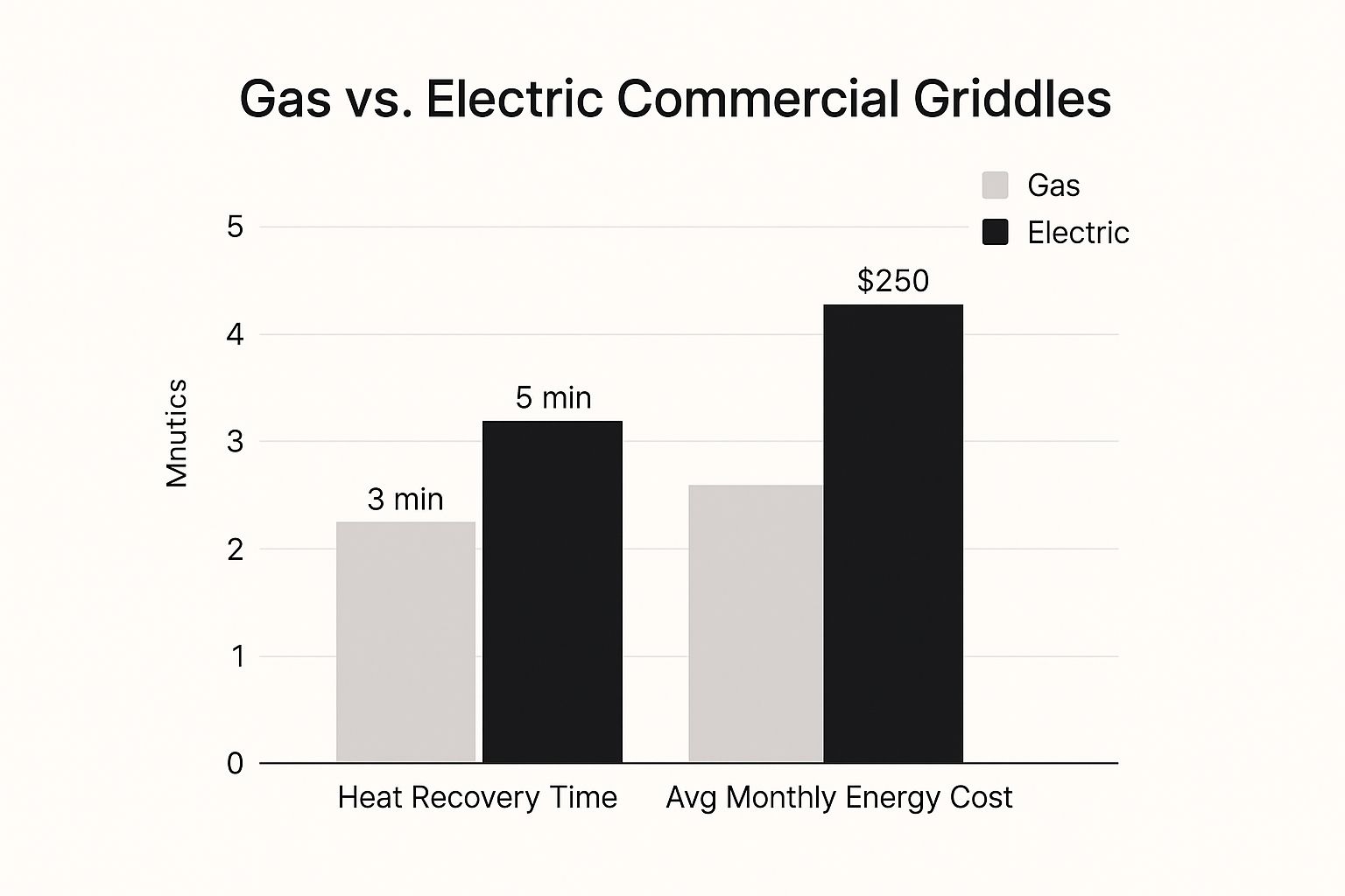 An infographic comparing commercial kitchen equipment list items, specifically gas vs electric griddles, showing gas has a faster heat recovery time of 3 minutes and a lower monthly cost of $200, while electric has a 5-minute recovery and a $250 cost.
