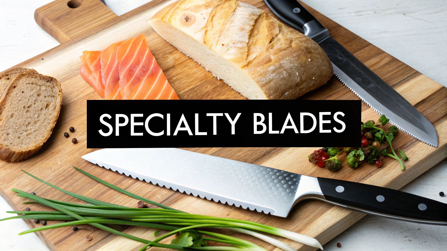 A set of specialty kitchen knives displayed on a wooden block