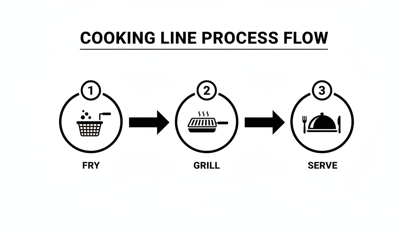 A cooking line process flow diagram illustrating three steps: fry, grill, and serve with icons.