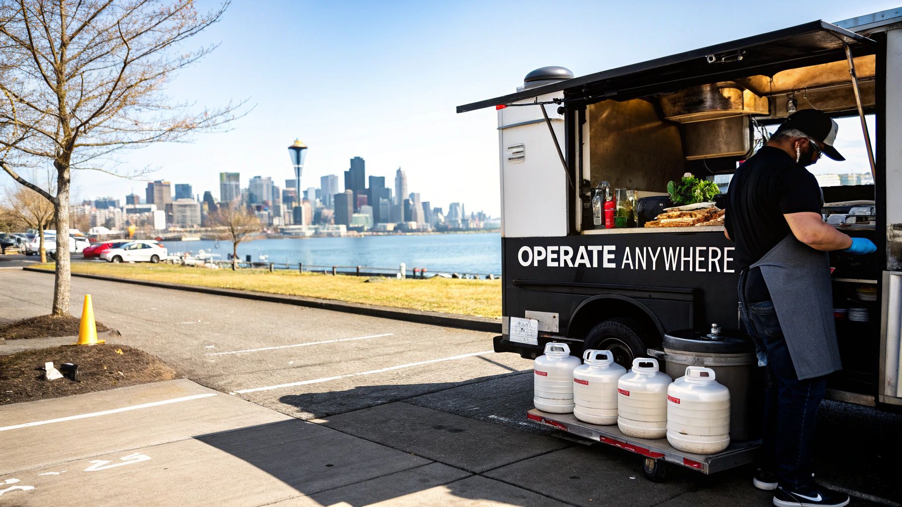 A food truck with 'OPERATE ANYWHERE' text, a worker inside, and a city skyline with the Space Needle in the background.