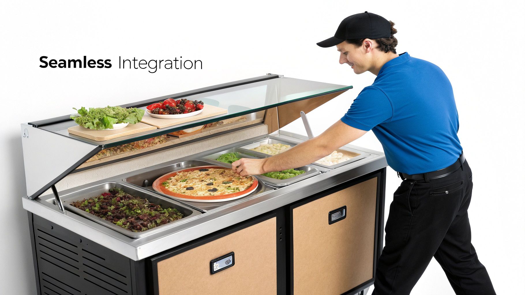 A man preparing food at a commercial counter with a pizza and fresh ingredients under a glass sneeze guard.