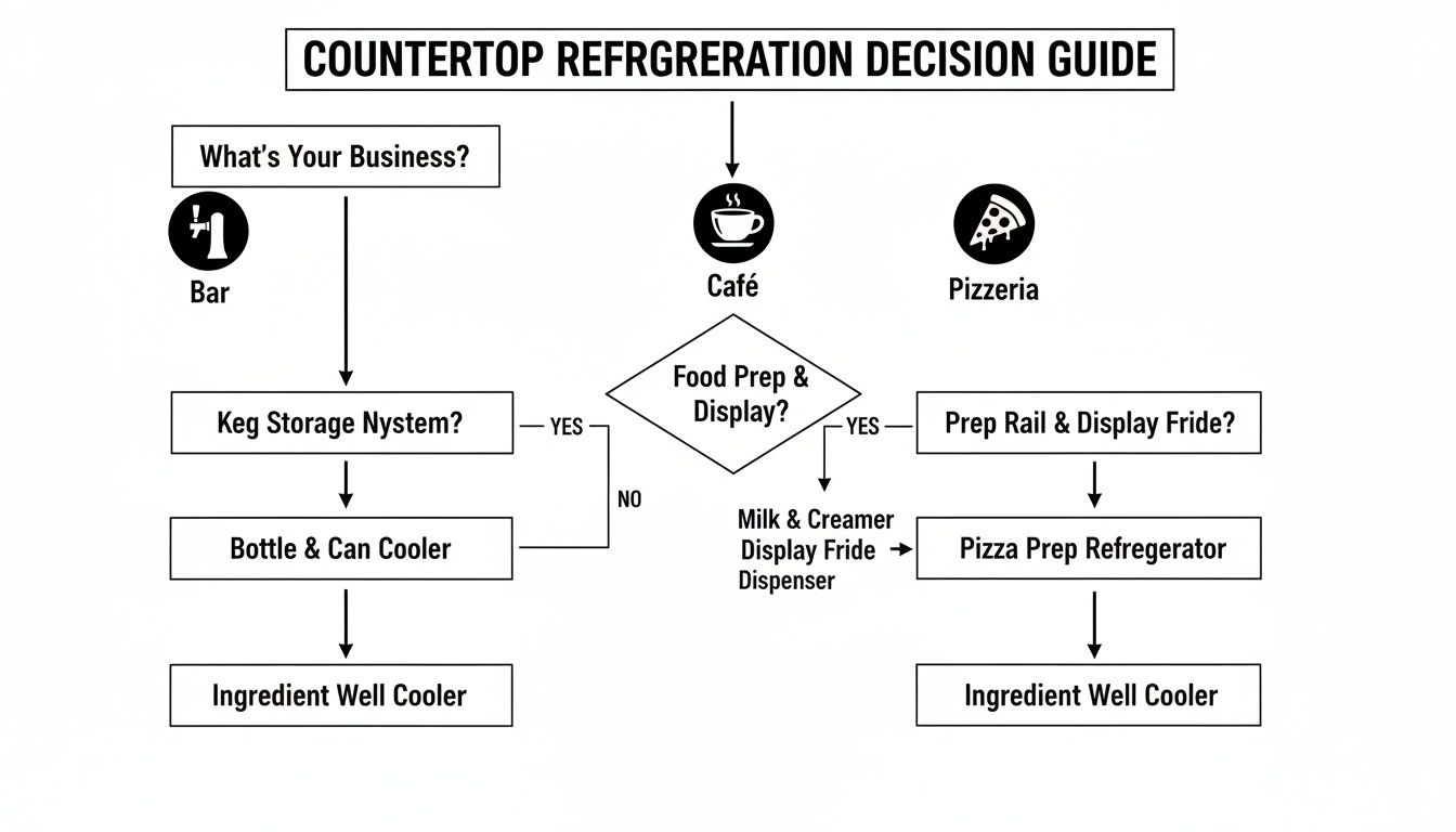 Flowchart guiding countertop refrigeration decisions for bars, cafes, and pizzerias, based on business type and prep needs.