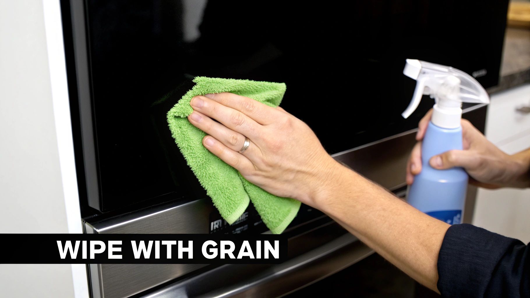 A person cleaning a black and stainless steel oven door with a green microfiber cloth and spray bottle.