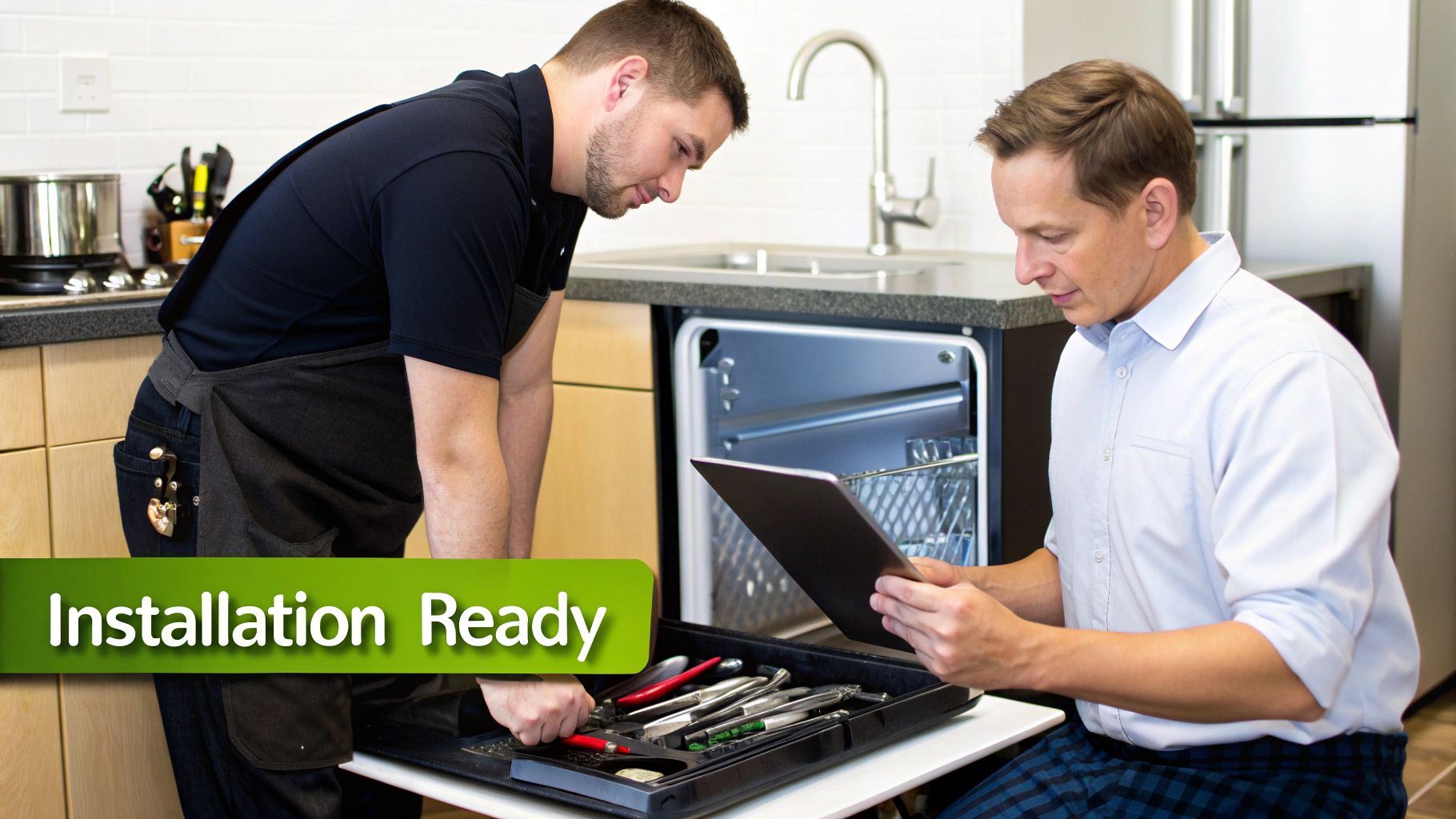 Two service professionals prepare for a kitchen appliance installation, reviewing tools and instructions.