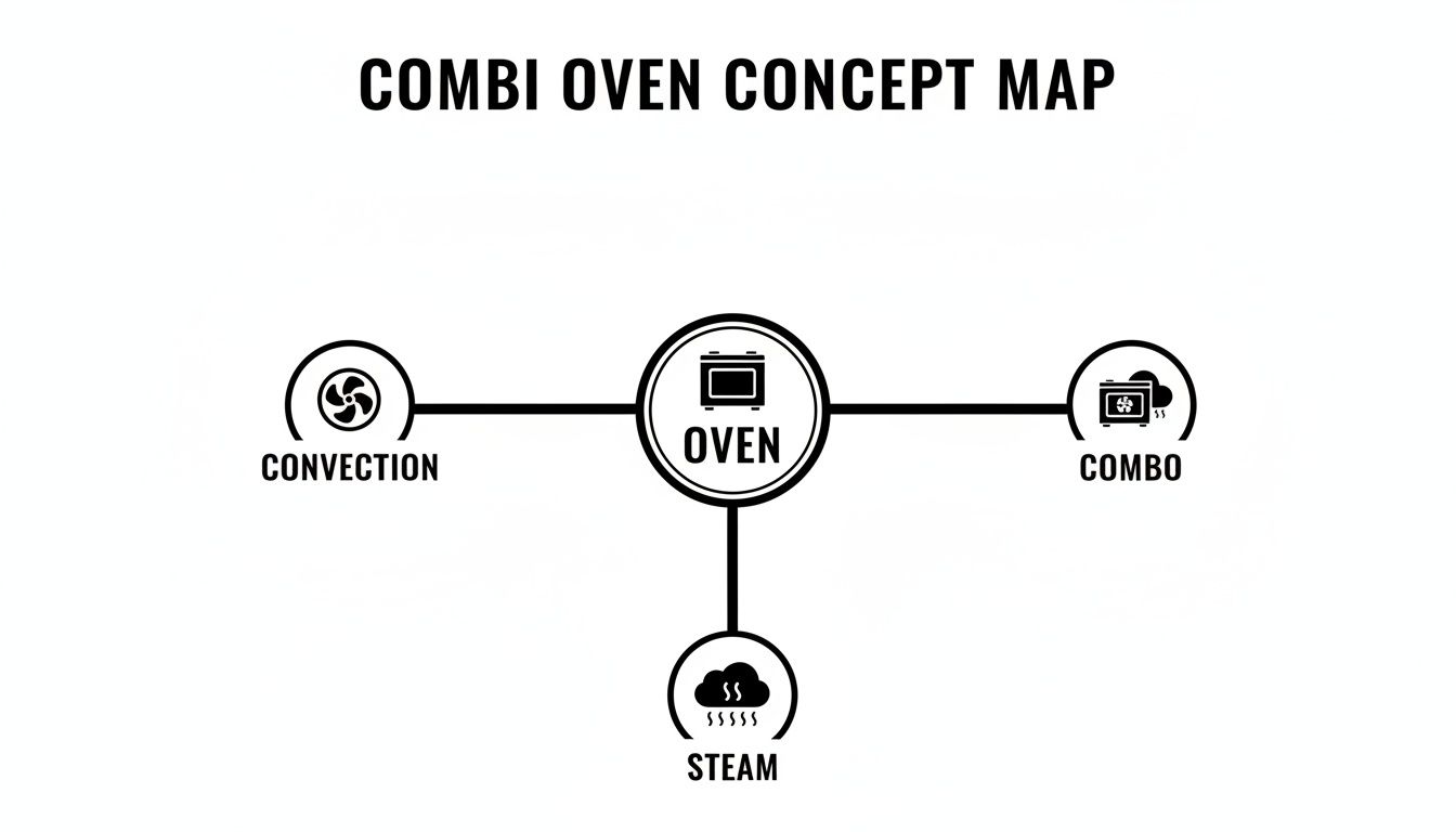 A concept map illustrating a combi oven and its features, including convection, steam, and combo cooking modes.
