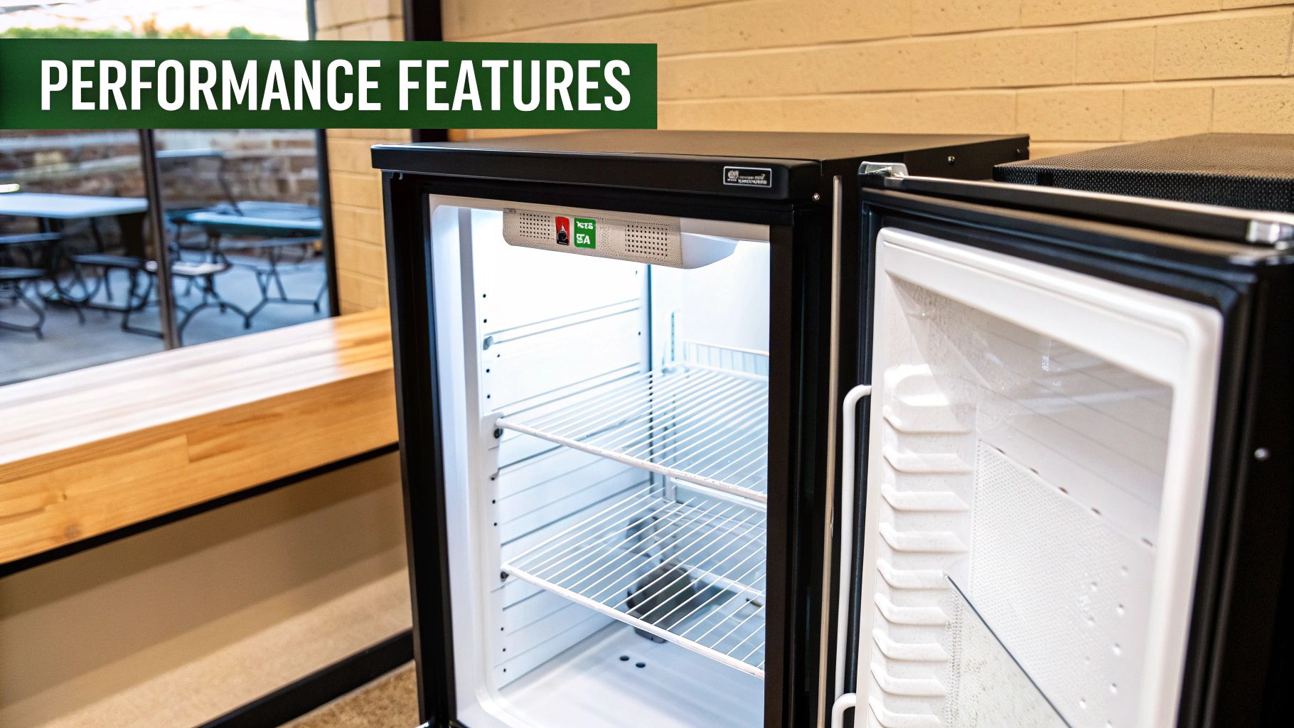 An open black back bar refrigerator revealing its bright white interior with wire shelves and an illuminated control panel.