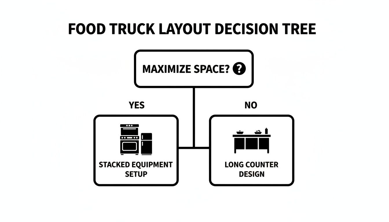 A food truck layout decision tree showing options based on maximizing space for cooking equipment.