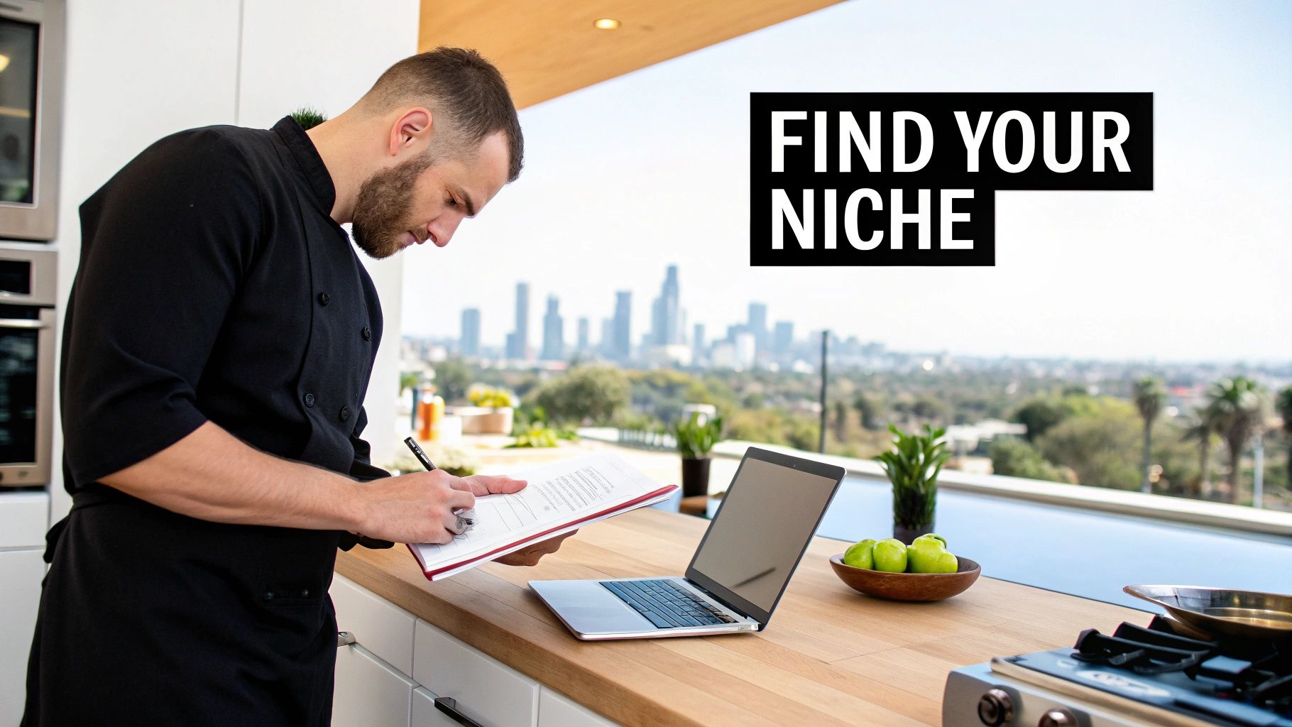Chef planning a catering business, writing notes in a modern kitchen overlooking a city skyline.
