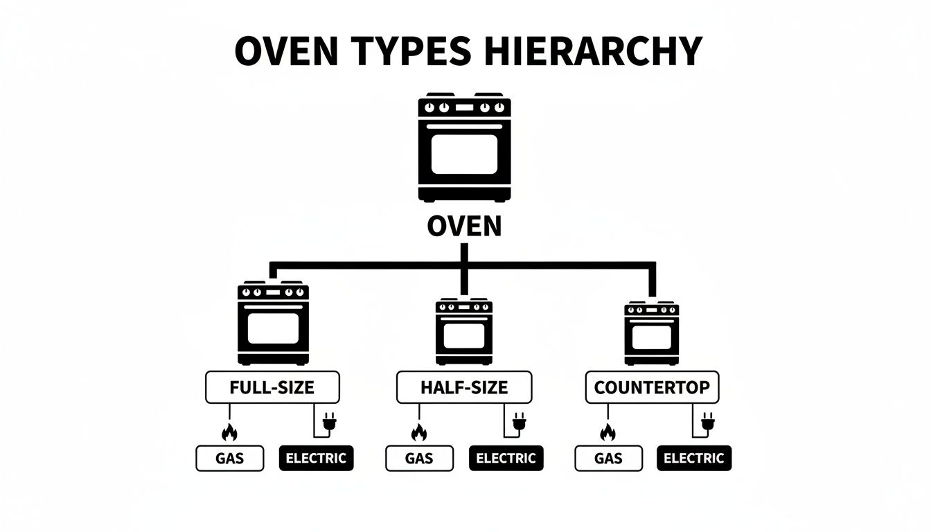 A hierarchical diagram illustrating different oven types: full-size, half-size, and countertop, with gas and electric options.