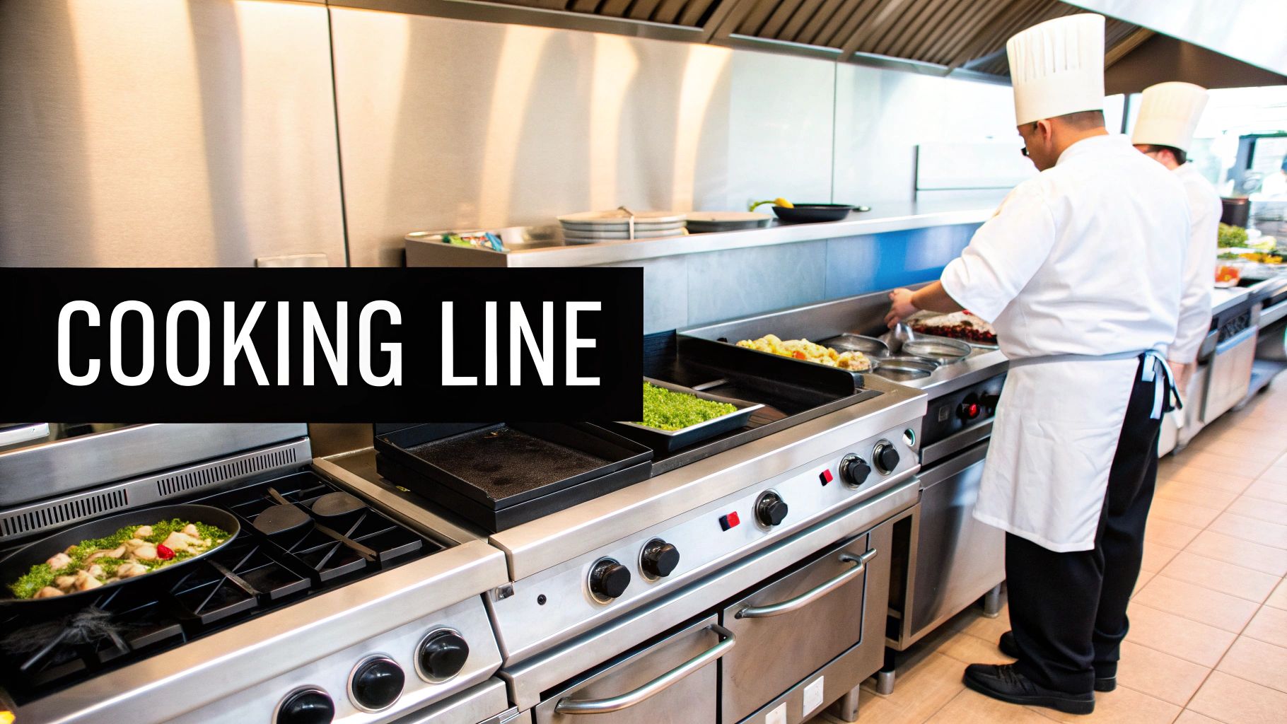 Chefs prepare food on a modern commercial kitchen cooking line with stainless steel equipment.
