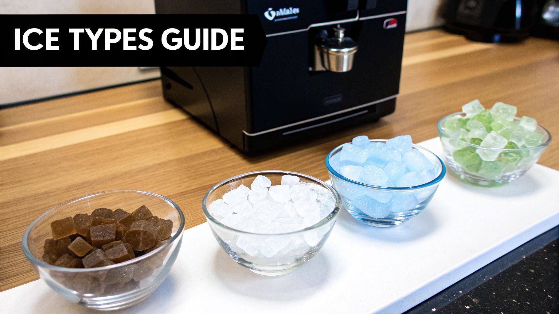 An 'ICE TYPES GUIDE' displaying four bowls with various colored nugget ice next to a dispenser.