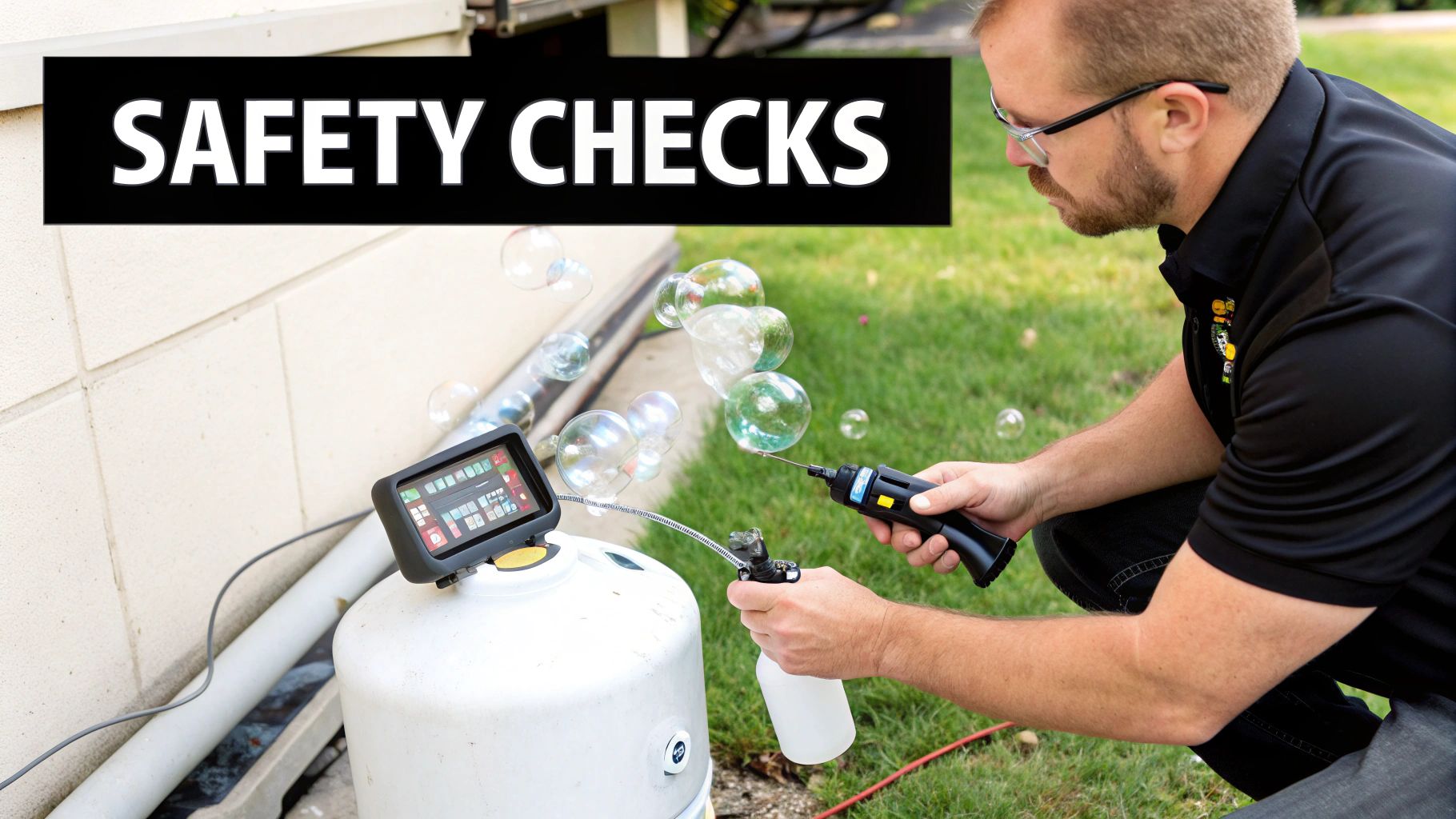 A technician performs safety checks for gas leaks on an outdoor propane tank using a bubble solution.