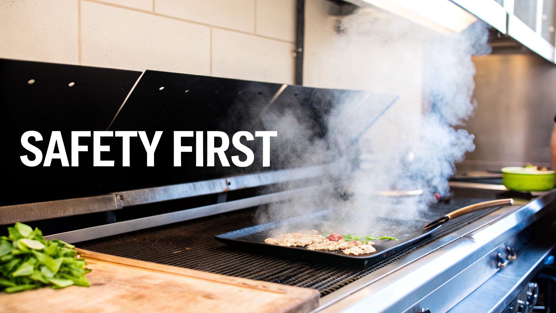 A commercial griddle operating under a stainless steel ventilation hood in a professional kitchen.