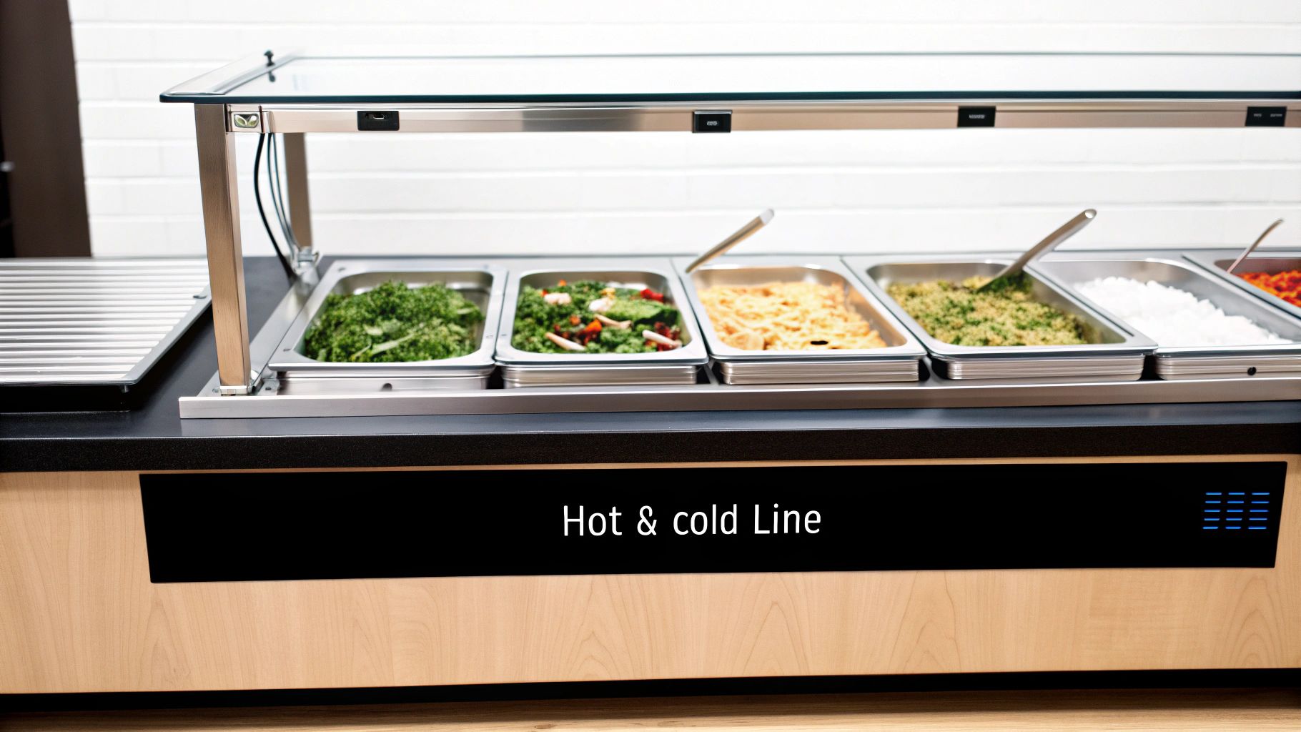 A modern buffet line or steam table showcasing a variety of hot and cold food items.