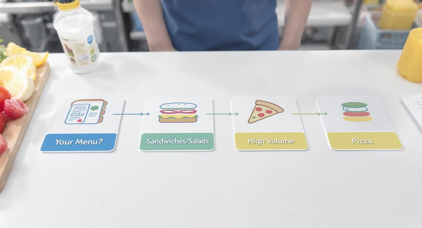 Four process cards on a white table outlining menu options like sandwiches, salads, pizza, and high volume foods.