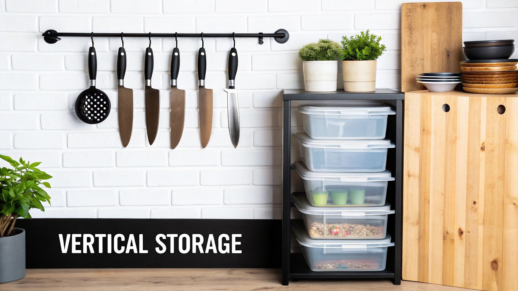 Efficient small kitchen utilizing vertical storage with hanging utensils, containers on shelves, and stacked bowls.