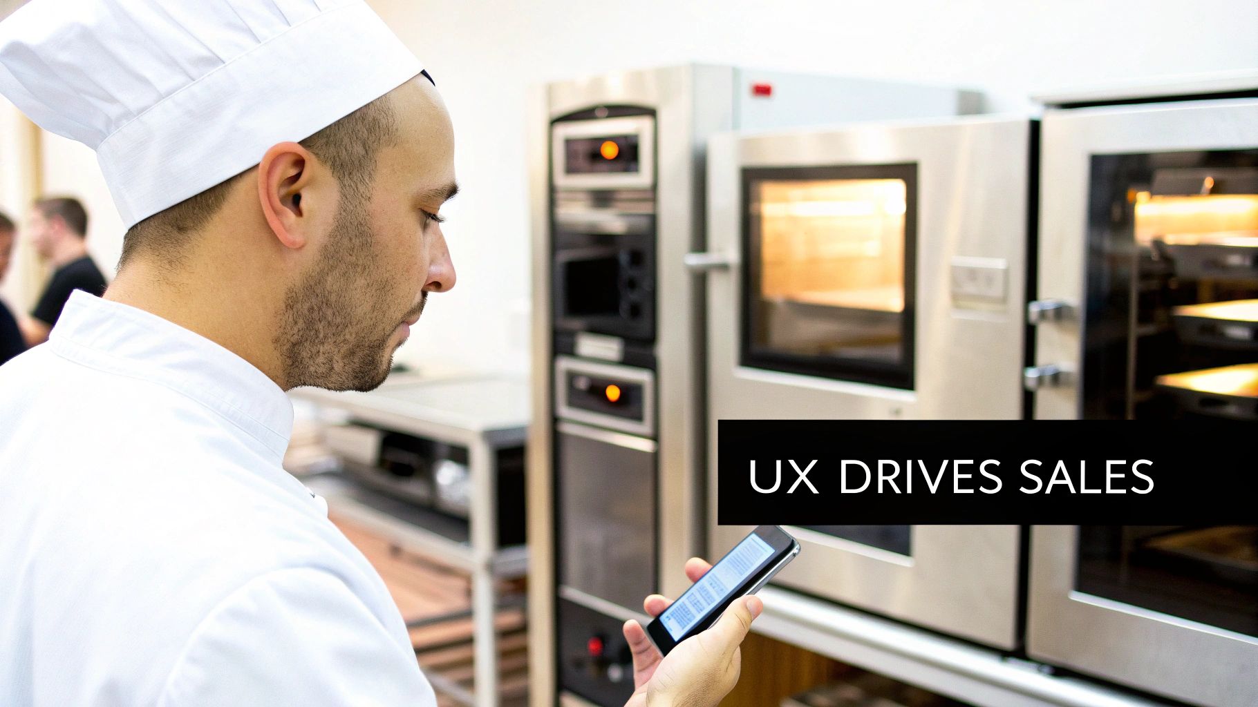 A chef in a professional kitchen is looking at his smartphone with 'UX DRIVES SALES' text.