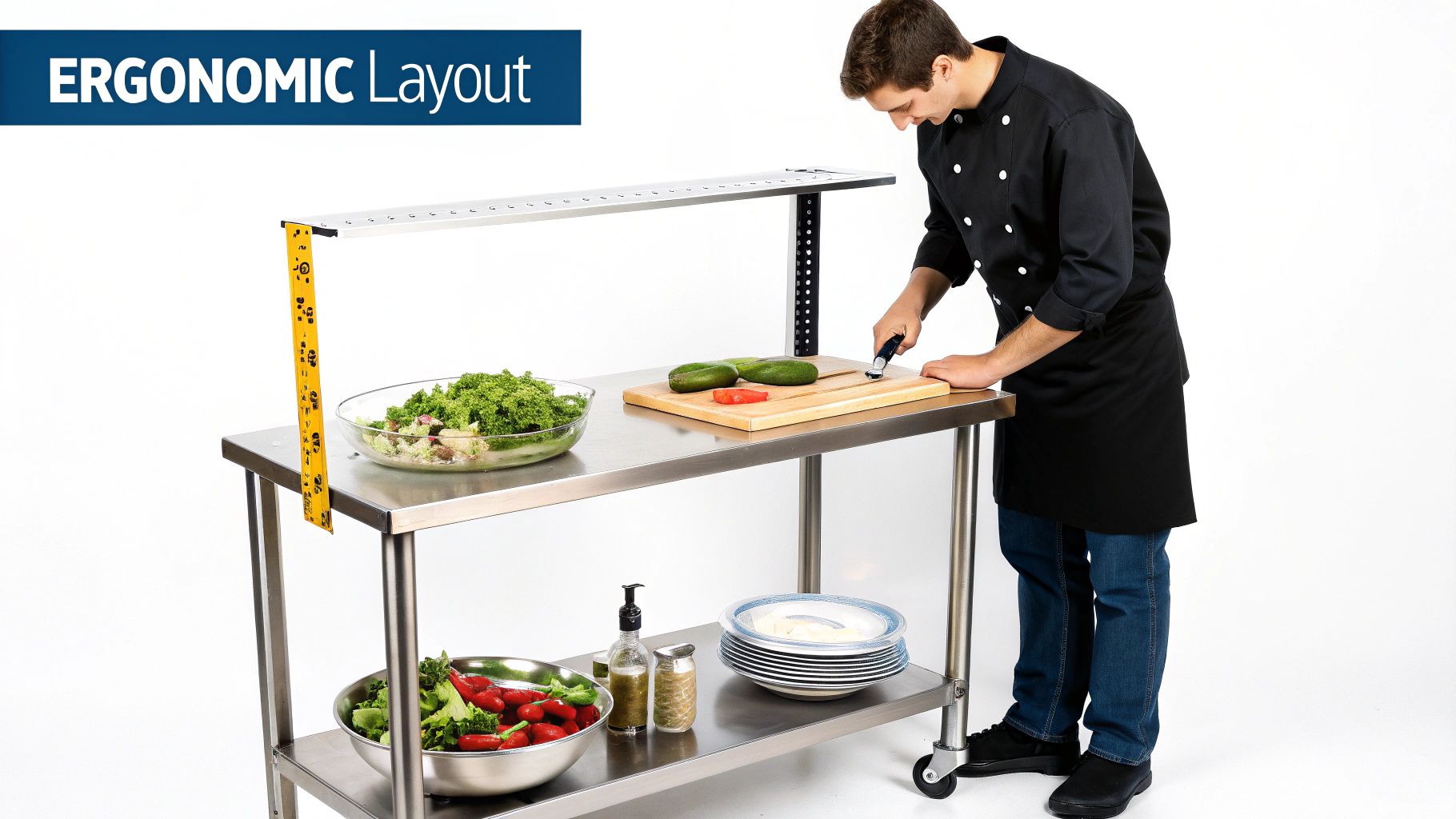 Chef preparing food on a two-tier stainless steel work table with an ergonomic layout.