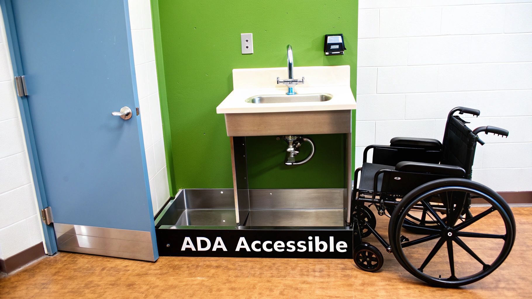 An ADA accessible sink setup with a wheelchair, a blue door, and a green wall.