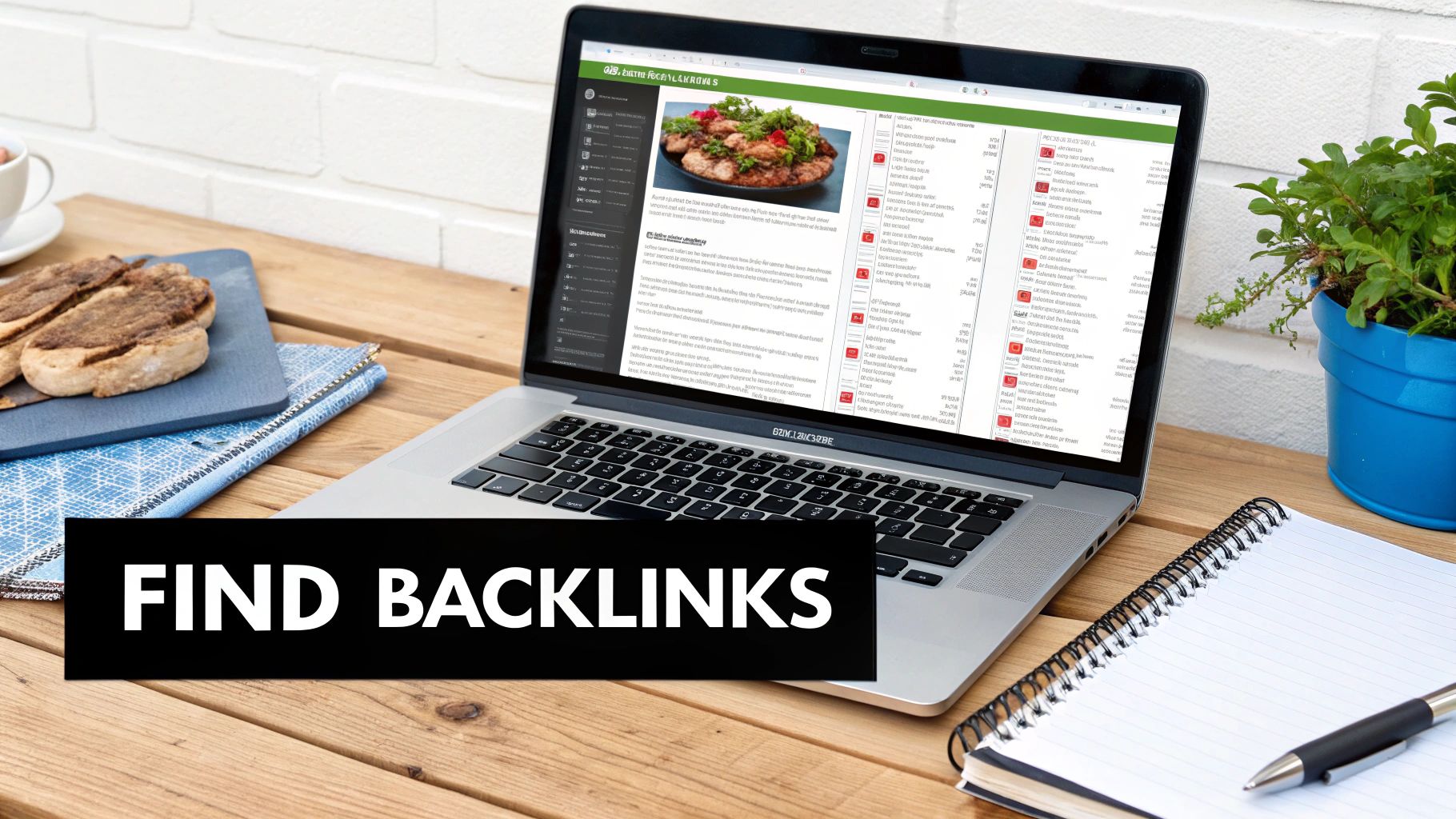 Laptop displaying a website on a wooden table with snacks and a notebook, featuring 'FIND BACKLINKS' banner.