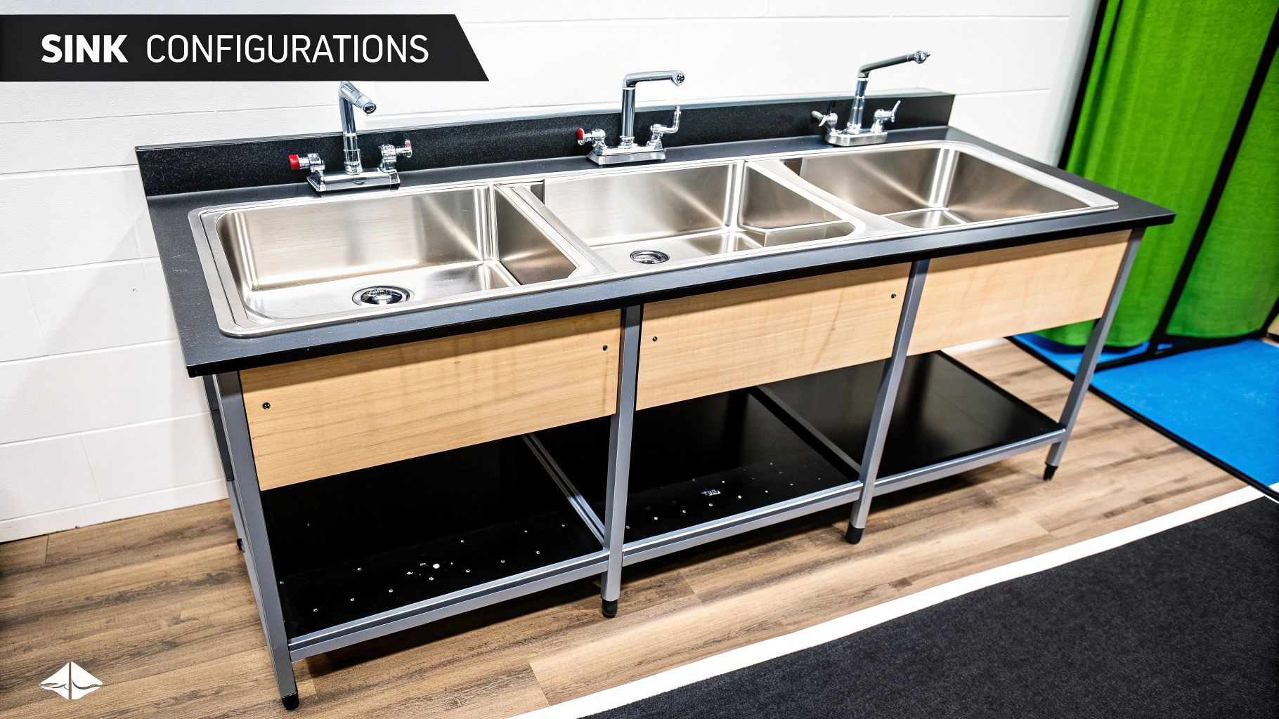 Three-compartment stainless steel prep sink unit with black countertop and wooden lower panels.