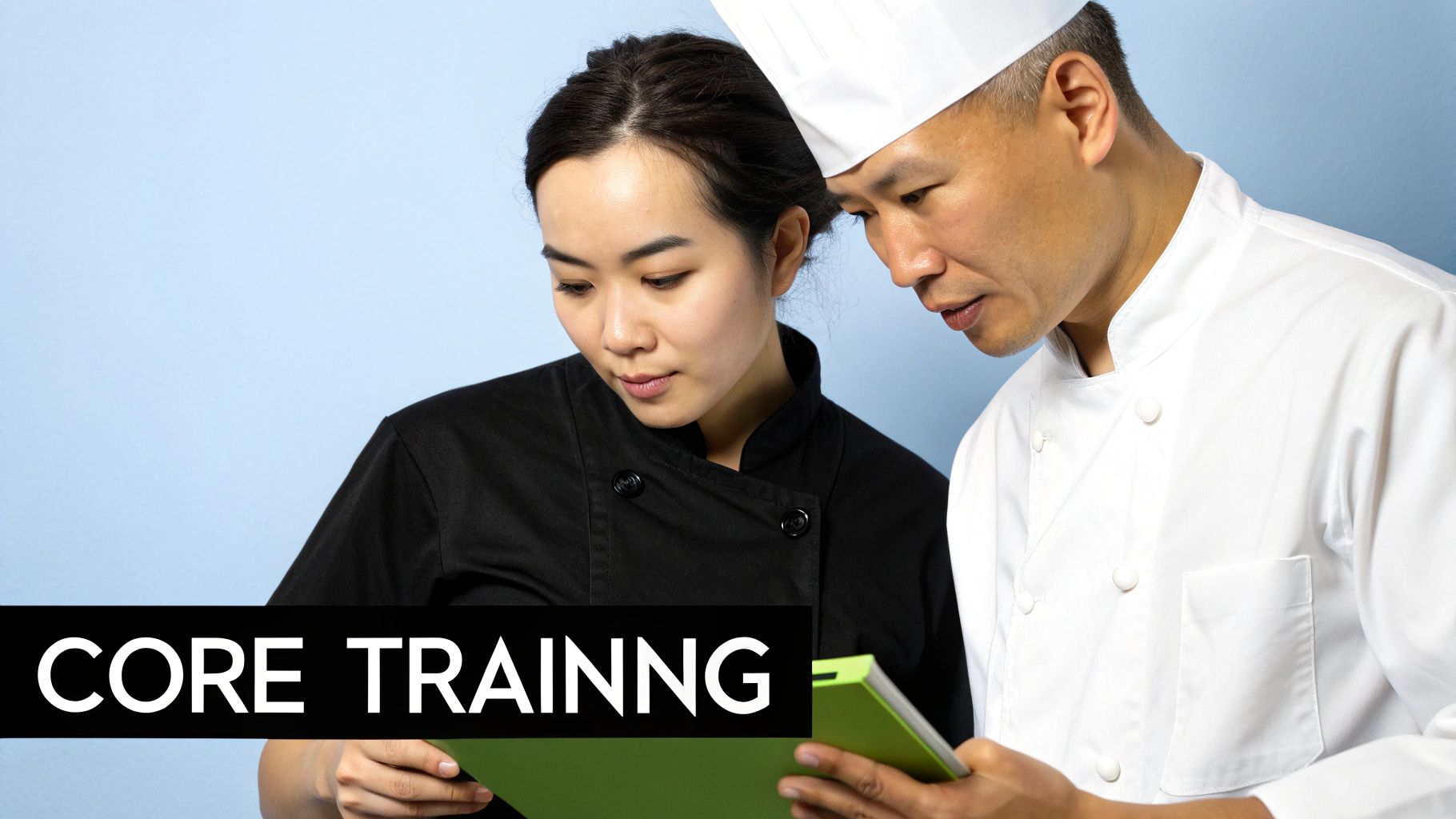 A restaurant manager demonstrates plating techniques to a group of staff members in a modern kitchen setting.