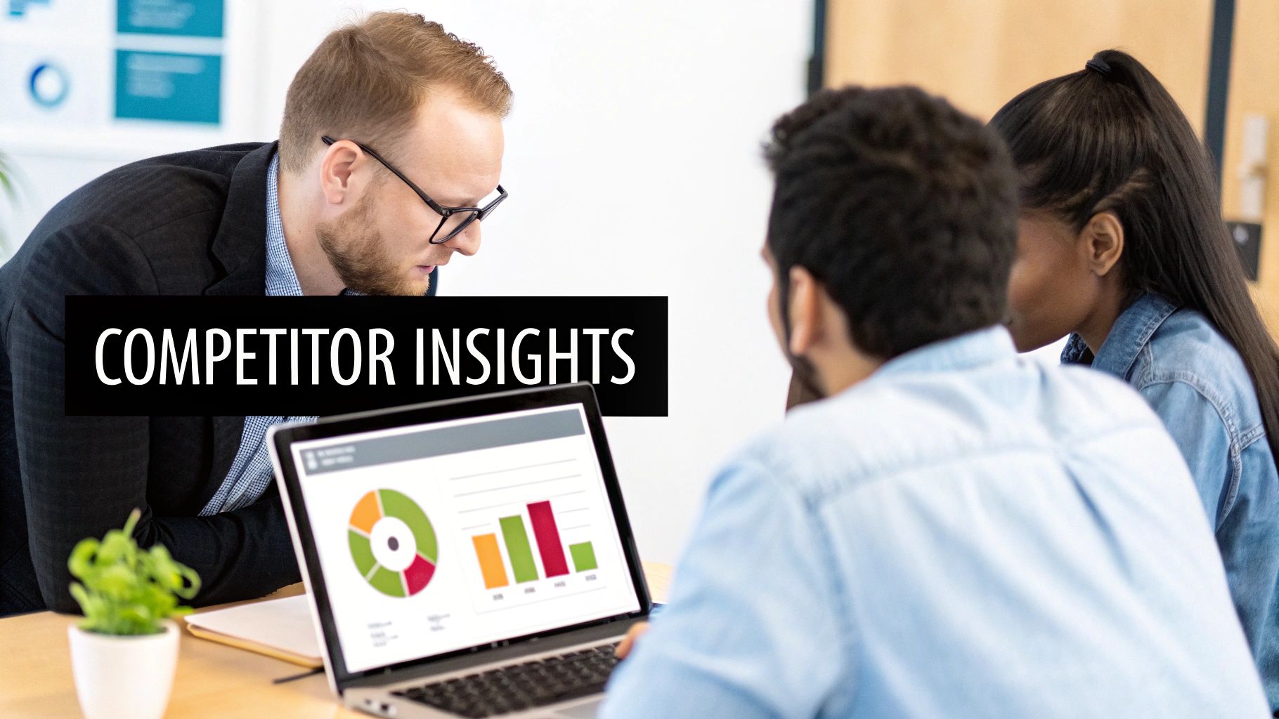 Diverse business team analyzing competitor insights and data on a laptop with charts in an office.