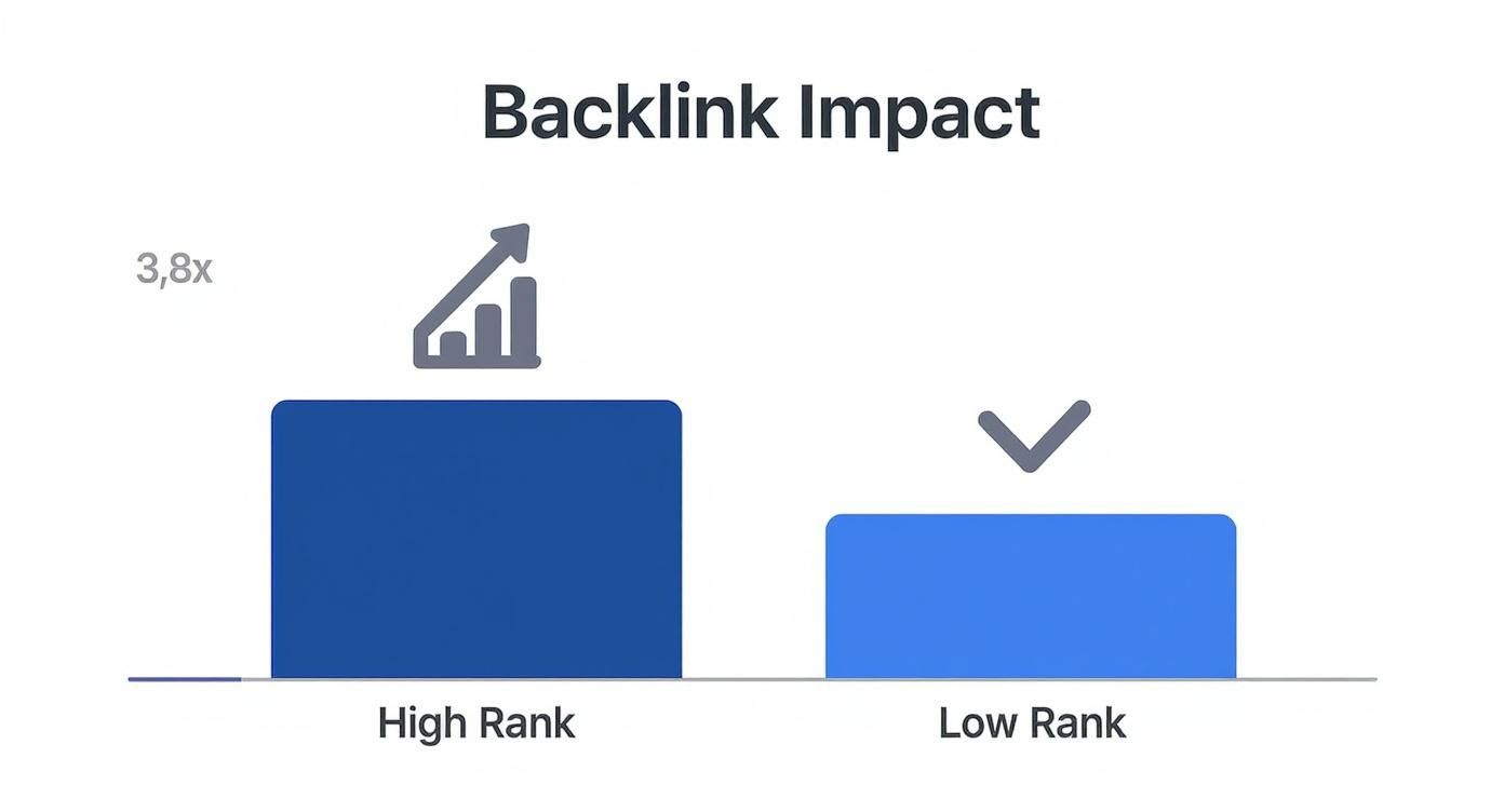 Infographic showing that top-ranking pages in Google have 3.8 times more backlinks than lower-ranked ones.
