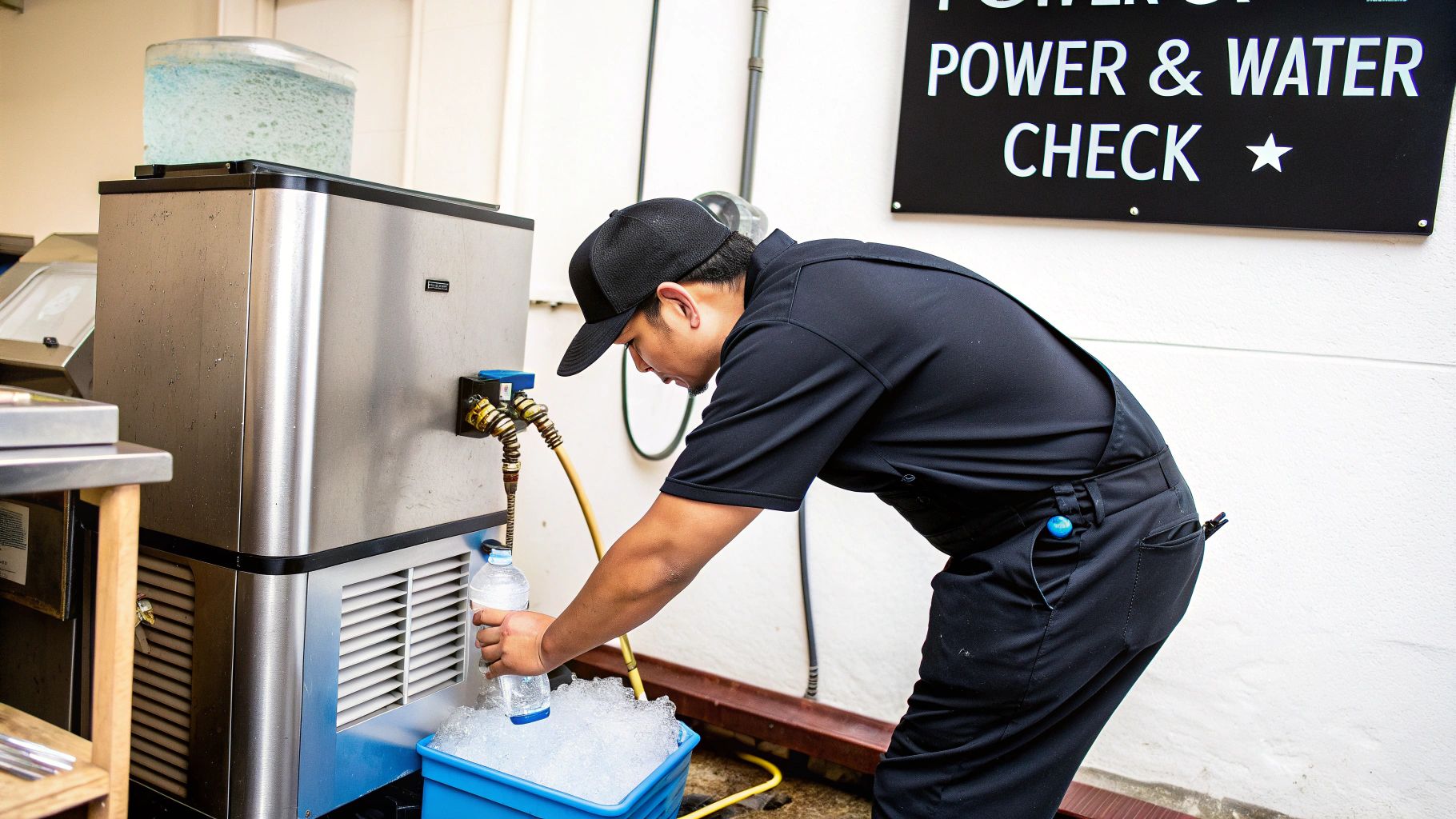 A worker in a black uniform fills a water bottle with ice from a commercial ice machine.
