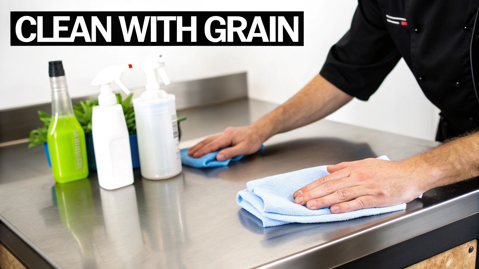 Person cleaning a stainless steel prep table with blue microfiber cloths, following the grain.
