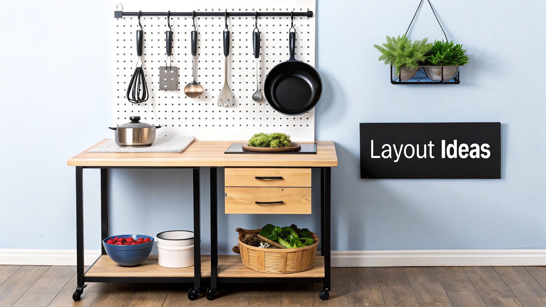 A modern kitchen setup featuring a wooden cart, pegboard, hanging utensils, plants, and a 'Layout Ideas' sign.