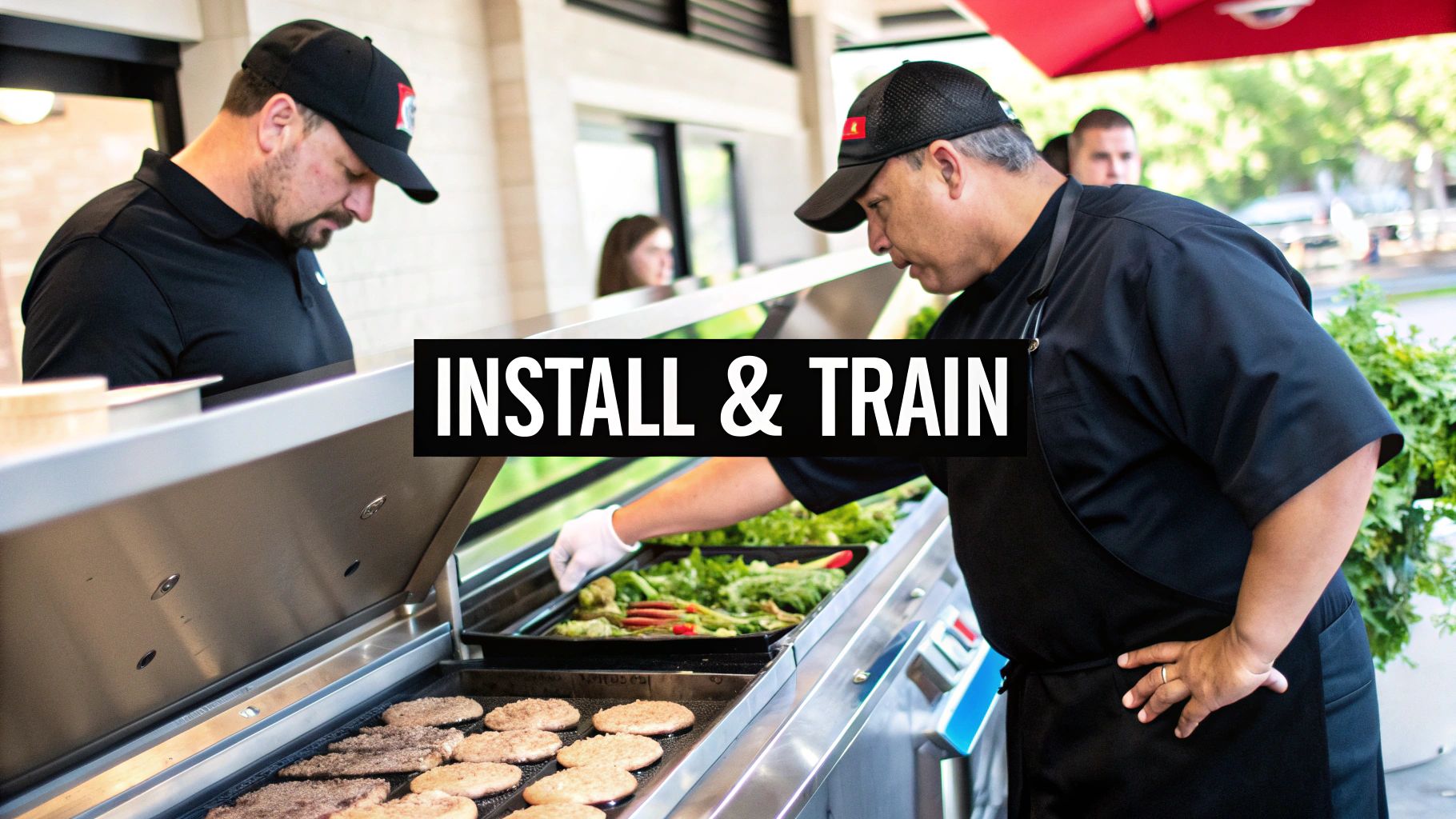 Two chefs at a food station, one grilling burger patties, the other arranging fresh vegetables.