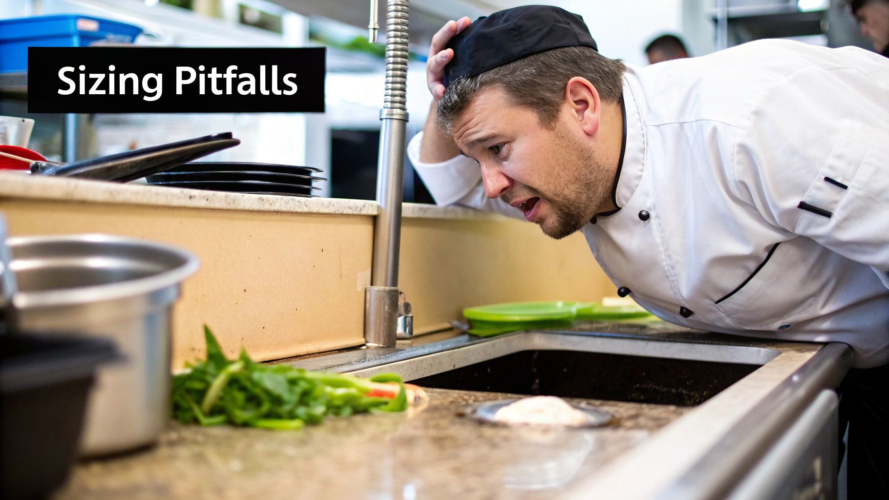 A frustrated restaurant owner looking at a small, overflowing grease trap under a sink.