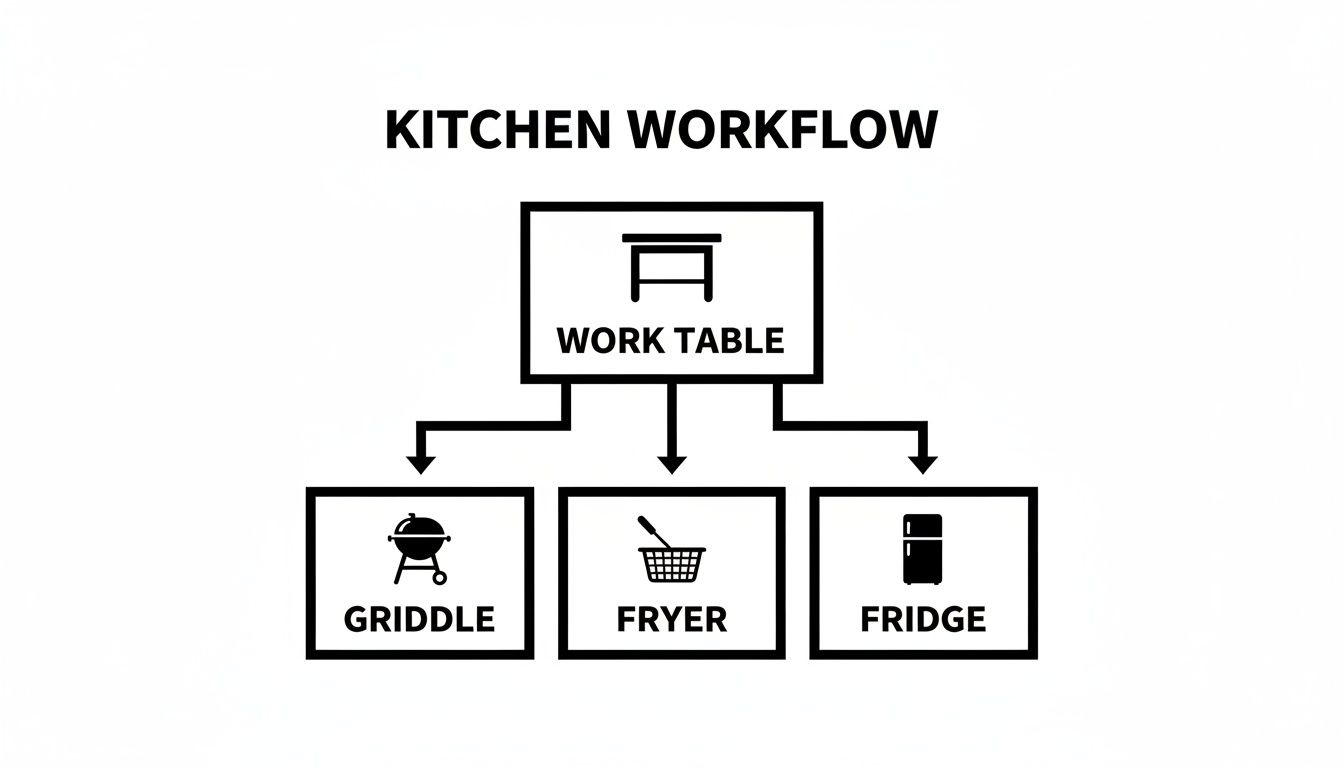 A diagram illustrates a kitchen workflow, showing a work table connected to a griddle, fryer, and fridge.