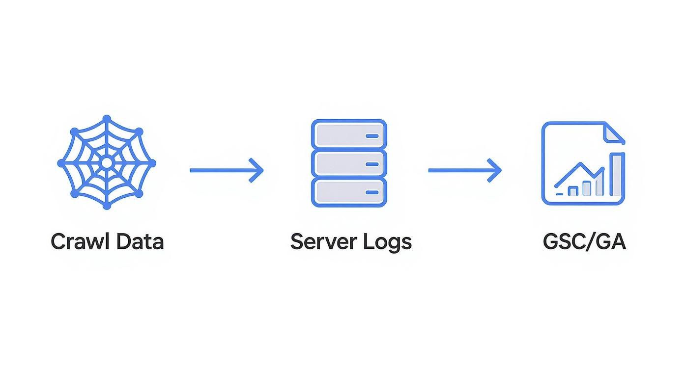 A data flow diagram showing crawl data moving to server logs and then to GSC/GA for analysis.