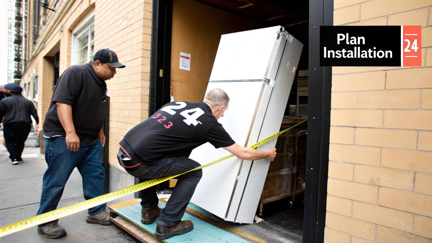 Two men carefully maneuver a large white refrigerator through a building doorway for installation.