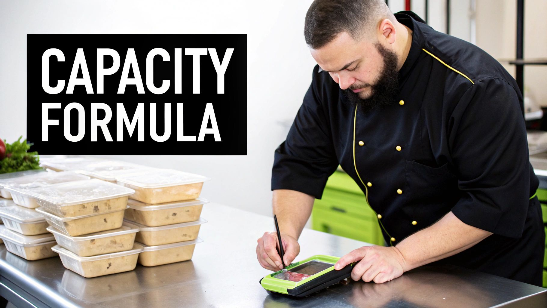 A chef uses a stylus on a green device next to stacks of food containers with 'CAPACITY FORMULA' text.
