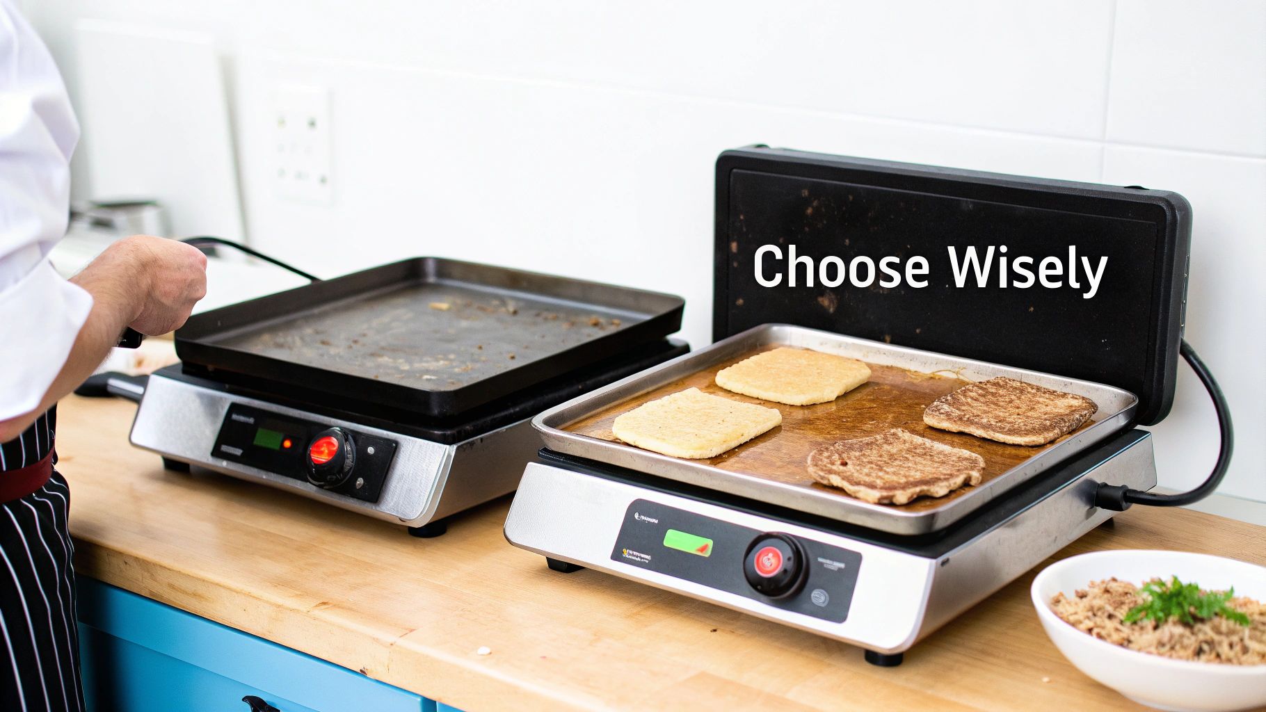 A chef cooks on two griddles, one with burnt pancakes, highlighting the 'Choose Wisely' message.