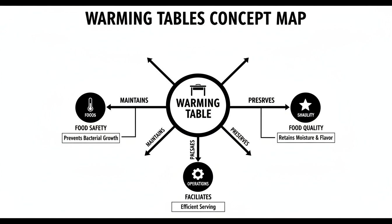 Concept map illustrating the benefits of a warming table for food safety, quality, and efficient operations.